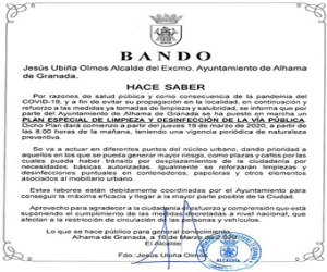 El Ayuntamiento de Alhama pone en marcha este jueves un plan de limpieza y desinfección