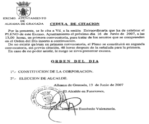 Convocado el pleno de constitución del nuevo Ayuntamiento 2007