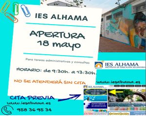 El instituto de Alhama abre desde el lunes 18 de mayo para cuestiones administrativas