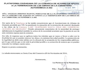 La Plataforma por la carretera A-402 presenta un escrito en el Ayuntamiento de Alhama