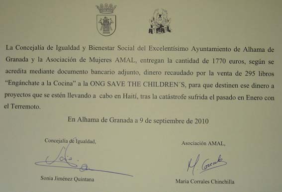  Certificado acreditativo de la entrega de la cantidad recaudada por la venta del libro 