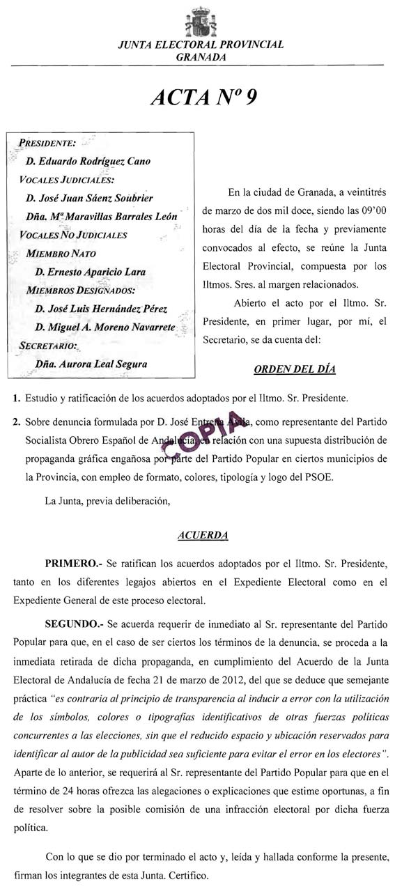Acta de la Junta Electoral ordenando retirar dichos folletos Acta de la Junta Electoral ordenando retirar dichos folletos