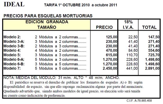  Nota.- Esta tarifa es solamente para la edición Granada. Para otras, consulte la tarifa de publicidad general 