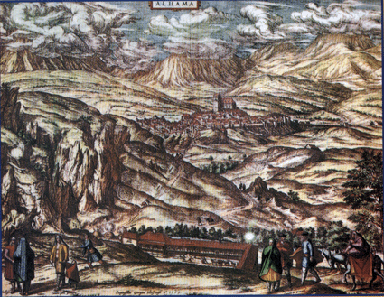 Reproducción del graabado de G. Hoenagle (1564) con los baños en primer plano y al fondo Alhama