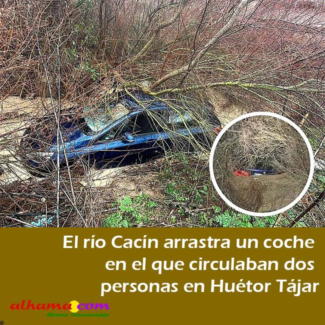 El río Cacín arrastra un coche en el que circulaban dos personas en Huétor Tájar