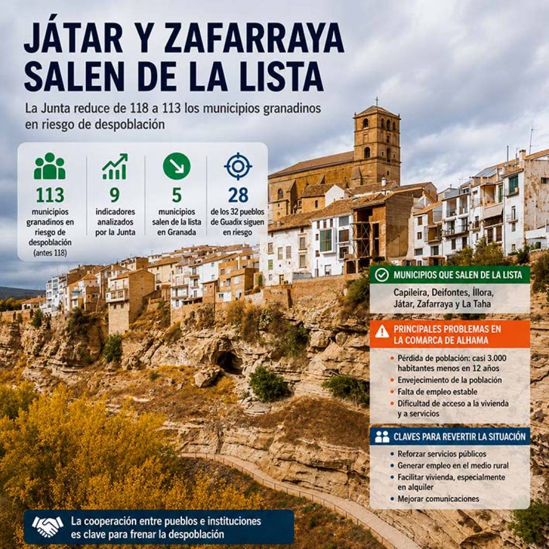 Játar y Zafarraya abandonan la lista andaluza de riesgo de despoblación mientras la comarca de Alhama sigue perdiendo población